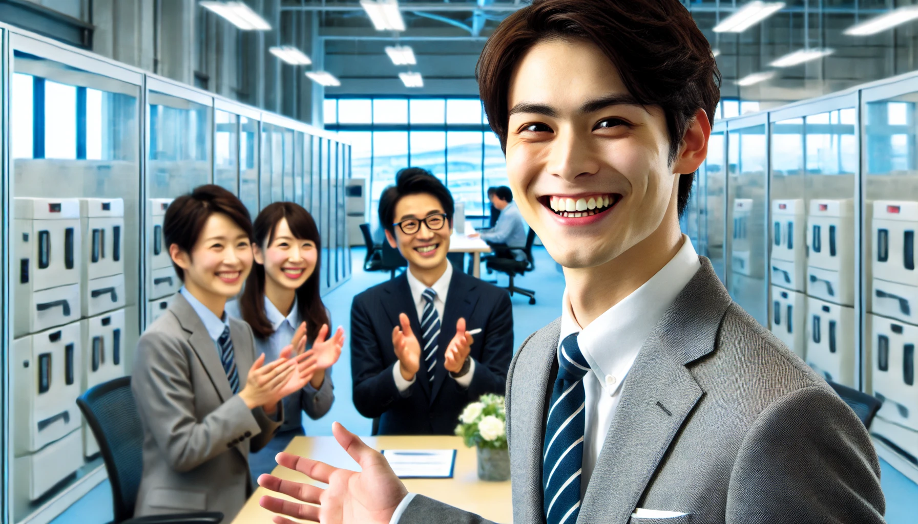 An uplifting and happy scene of a successful job change to a Japanese industrial company in Ehime Prefecture that specializes in manufacturing and selling compact steam boilers. The image should depict a happy new employee in a professional office setting, being welcomed by colleagues, with a focus on satisfaction and a positive work environment. The mood is friendly and upbeat, with modern offices and a sense of achievement.