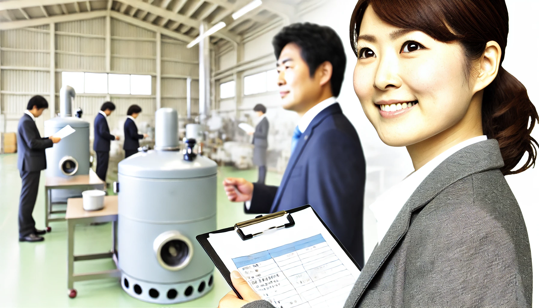 A professional and clean depiction of a modern Japanese industrial company in Ehime Prefecture specializing in compact steam boilers for industrial use. The focus is on showcasing the type of personnel they seek, emphasizing positive traits such as ambition, teamwork, and technical skills. The image should show Japanese employees in business or engineering settings, highlighting teamwork, innovation, and a forward-thinking attitude in a modern workspace.