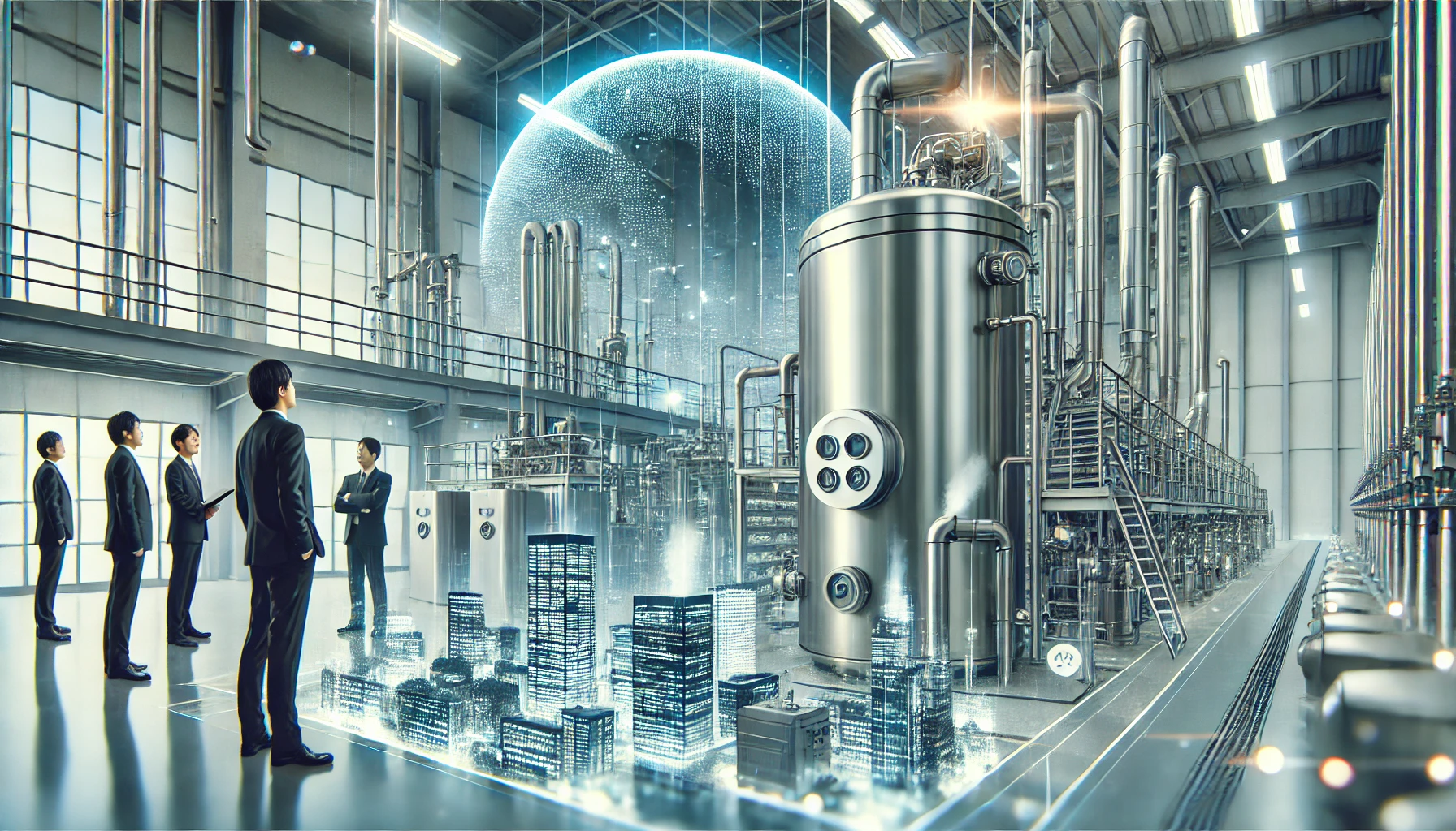 A modern Japanese industrial company located in Ehime Prefecture, specializing in the manufacturing and sale of compact steam boilers for industrial use. The image should depict a factory setting with cutting-edge small-scale industrial boilers and the company's name associated with a clean, professional environment. The scene should reflect the company's reputation for advanced technology, with people in business or engineering roles overseeing production, and the company headquarters in the background.