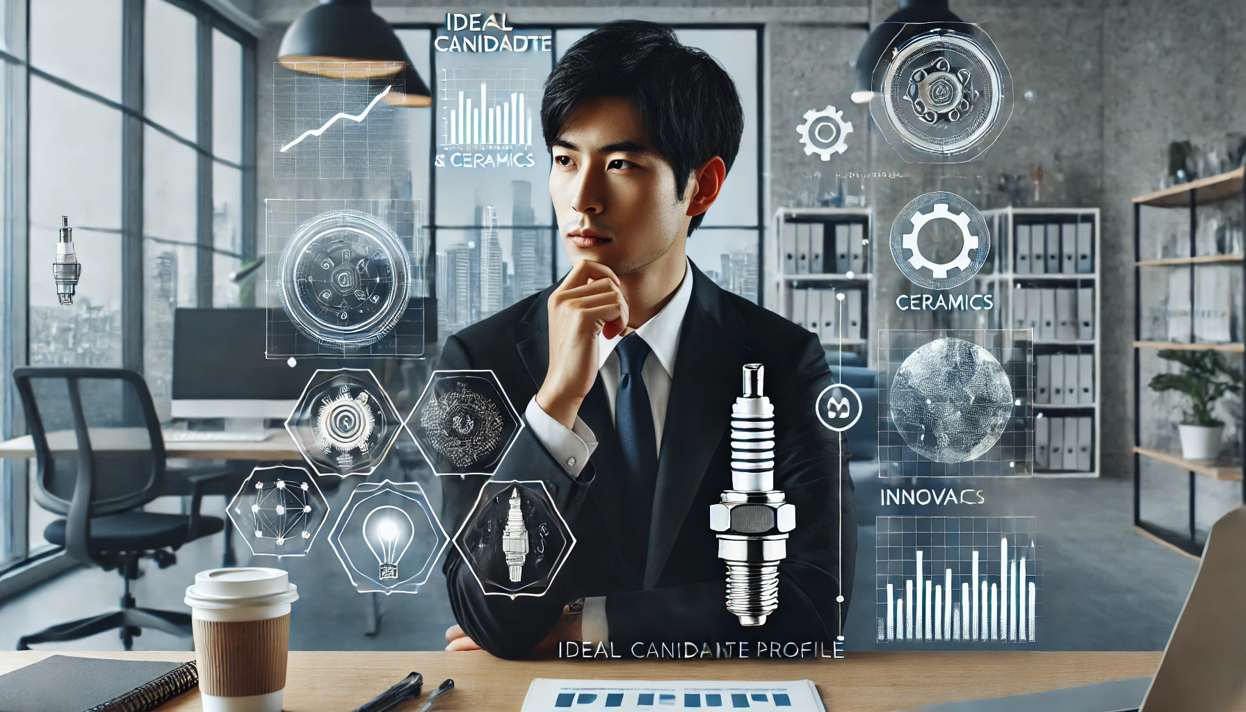 A professional office scene showing the ideal candidate profile for a company specializing in the production of spark plugs and ceramics products. In the foreground is a Japanese professional, thoughtful and confident. Visual elements like graphs, innovation icons, and a dynamic workspace suggest the importance of creativity, technical skills, and global perspectives. The scene has a modern, collaborative office vibe.