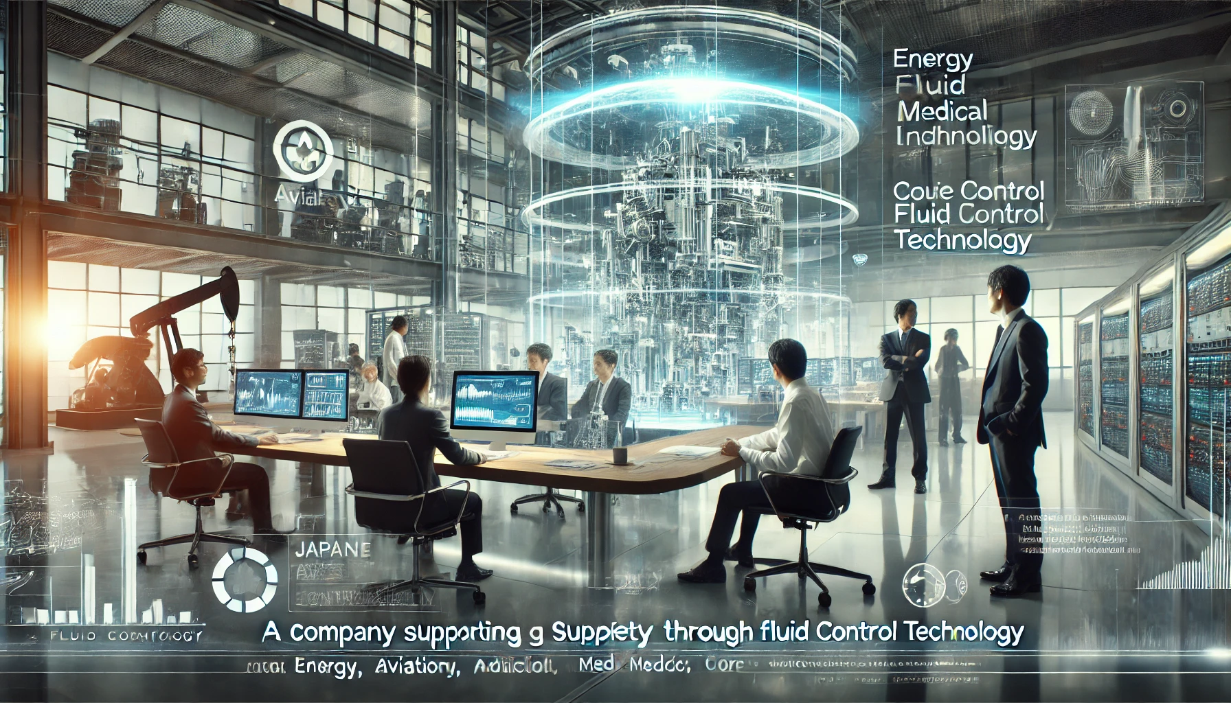 A modern corporate office scene, showcasing technology-driven industries like energy, aviation, medical, and industrial sectors, with a focus on fluid control technology. In the background, advanced machinery and engineers working together. The environment feels professional and sleek, with clean lines and digital interfaces glowing subtly, representing the company's contribution to society. Japanese professionals are present, engaged in discussions, surrounded by advanced equipment and screens. Text overlay: 'A company supporting society through core fluid control technology.'