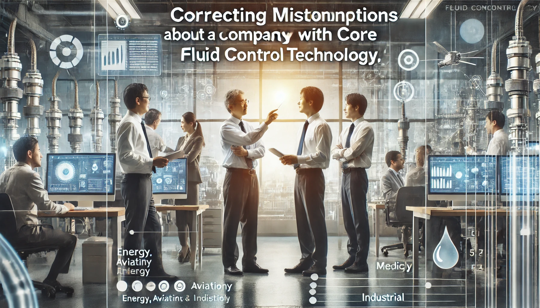 A modern corporate office with a focus on advanced fluid control technology across industries like energy, aviation, medical, and industrial sectors. The scene shows Japanese engineers and professionals explaining data on screens, discussing innovative solutions. The image highlights positive communication, with digital tools and equipment in the background. The atmosphere is professional and optimistic, showing how the company addresses and corrects misunderstandings about its reputation. Text overlay: 'Correcting misconceptions about a company with core fluid control technology.'