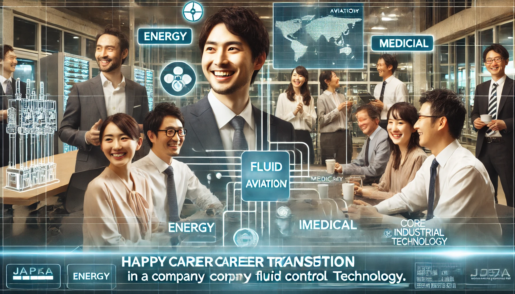 A vibrant corporate office showing happy professionals celebrating a successful career transition in a company focused on fluid control technology. Japanese employees are engaged in positive discussions, with industries like energy, aviation, medical, and industrial sectors subtly represented. The atmosphere is welcoming, and the environment is modern with advanced equipment and digital screens. Text overlay: 'Happy career transition in a company with core fluid control technology.'