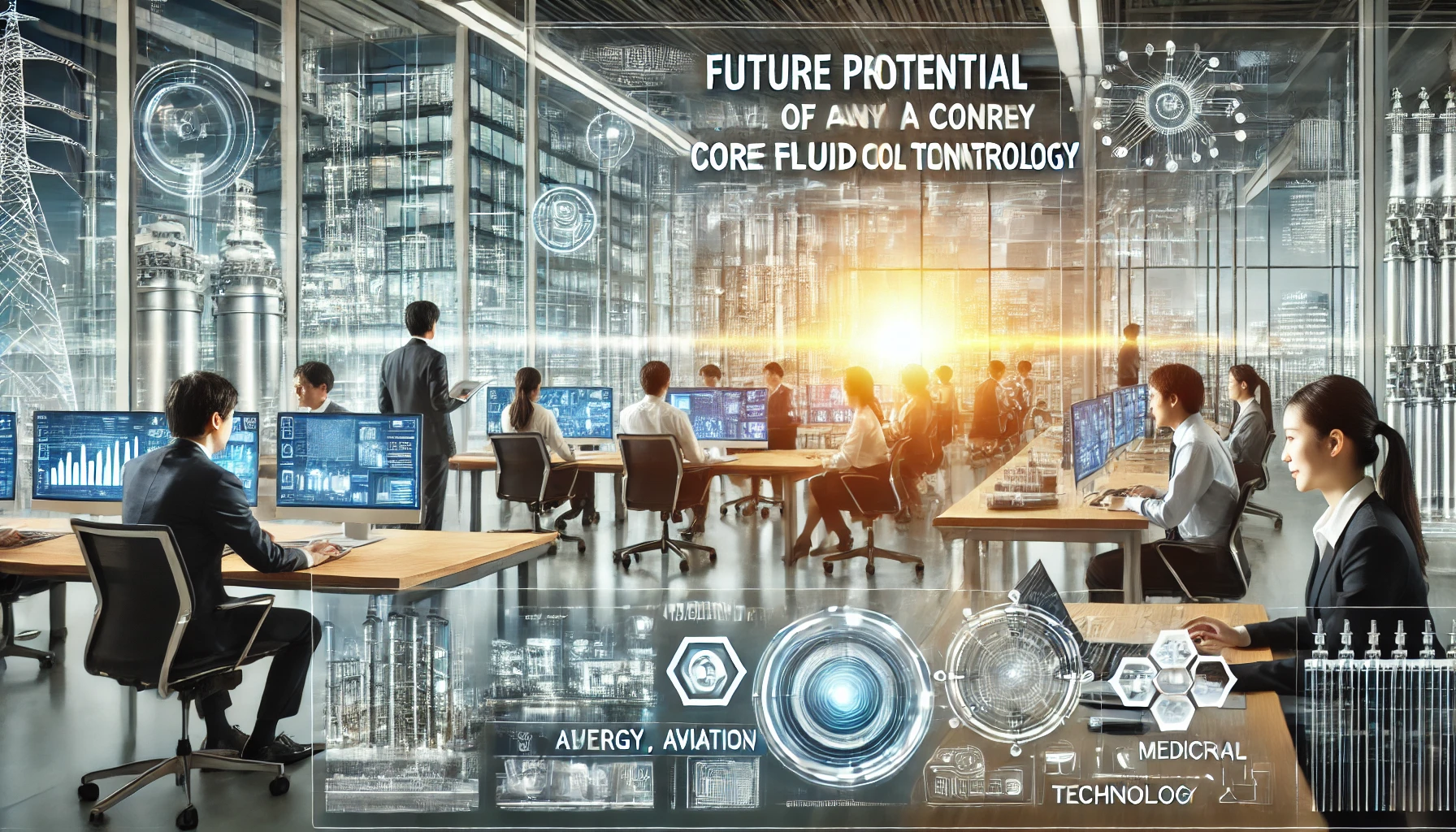 A modern corporate office scene focusing on the future potential of a company centered on core fluid control technology. The image shows Japanese professionals working on projects related to energy, aviation, medical, and industrial sectors, with a futuristic feel. Advanced digital interfaces and equipment are displayed, symbolizing innovation and growth. The atmosphere is optimistic, with bright lighting and clear skies visible outside. Text overlay: 'Future Potential of a Company with Core Fluid Control Technology.'