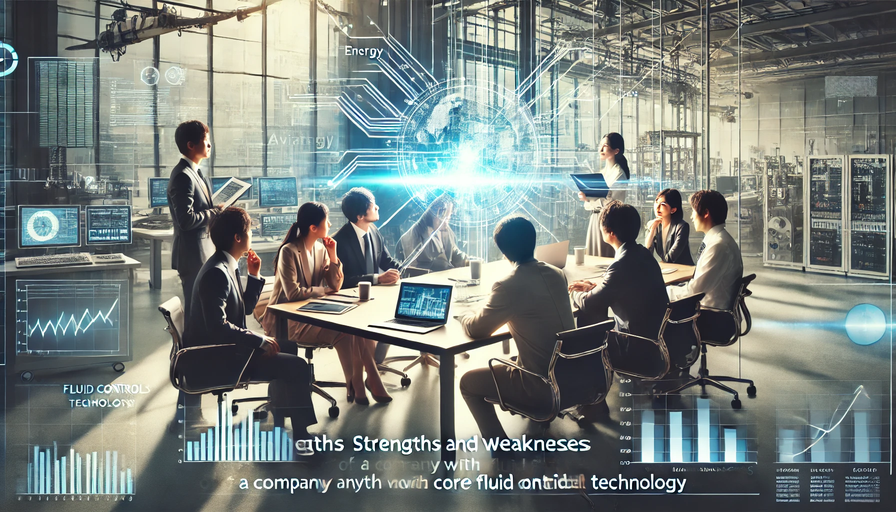 A modern corporate office scene showing the strengths and weaknesses of a company specializing in fluid control technology across energy, aviation, medical, and industrial sectors. Japanese professionals are discussing both opportunities and challenges with digital tools showing data. The atmosphere is balanced and professional, with a focus on improvement and solutions. Text overlay: 'Strengths and Weaknesses of a Company with Core Fluid Control Technology.'