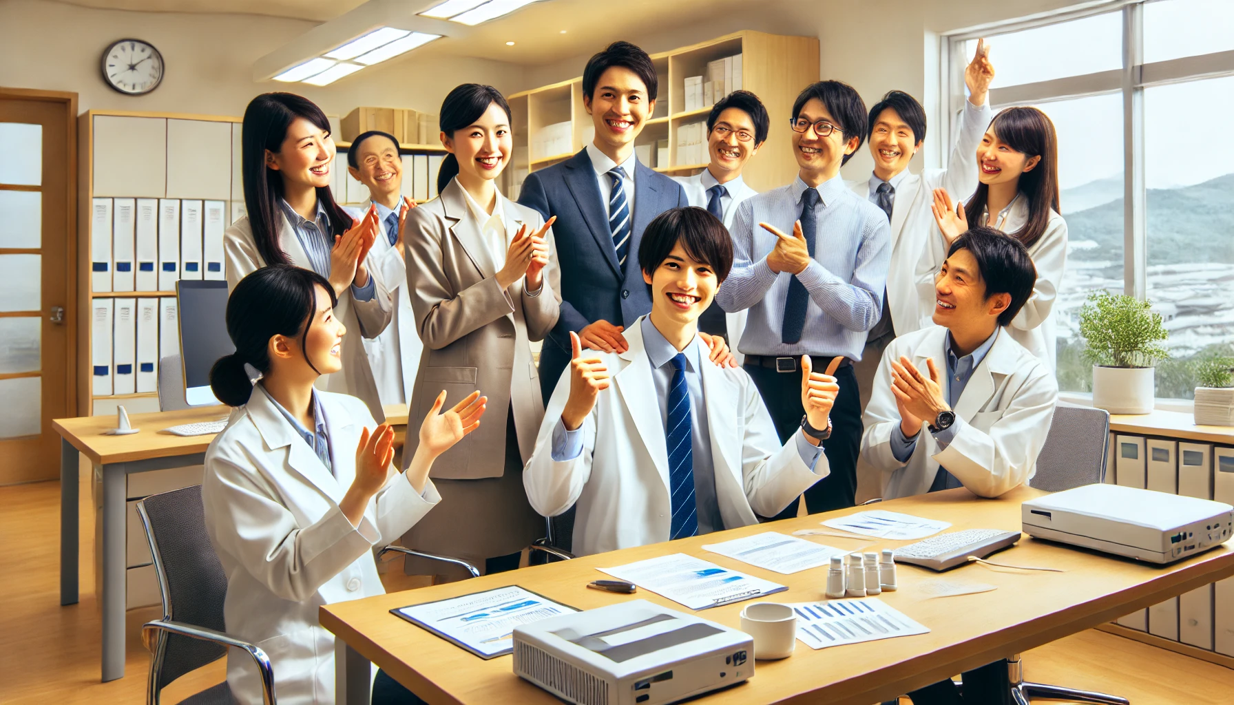 A cheerful office environment in a pharmaceutical company where Japanese professionals are celebrating a successful job transition. People are smiling and engaging in positive conversations around a modern office table. The setting is welcoming, with papers, computers, and a bright, optimistic atmosphere, representing a happy and rewarding career move in the pharmaceutical industry.