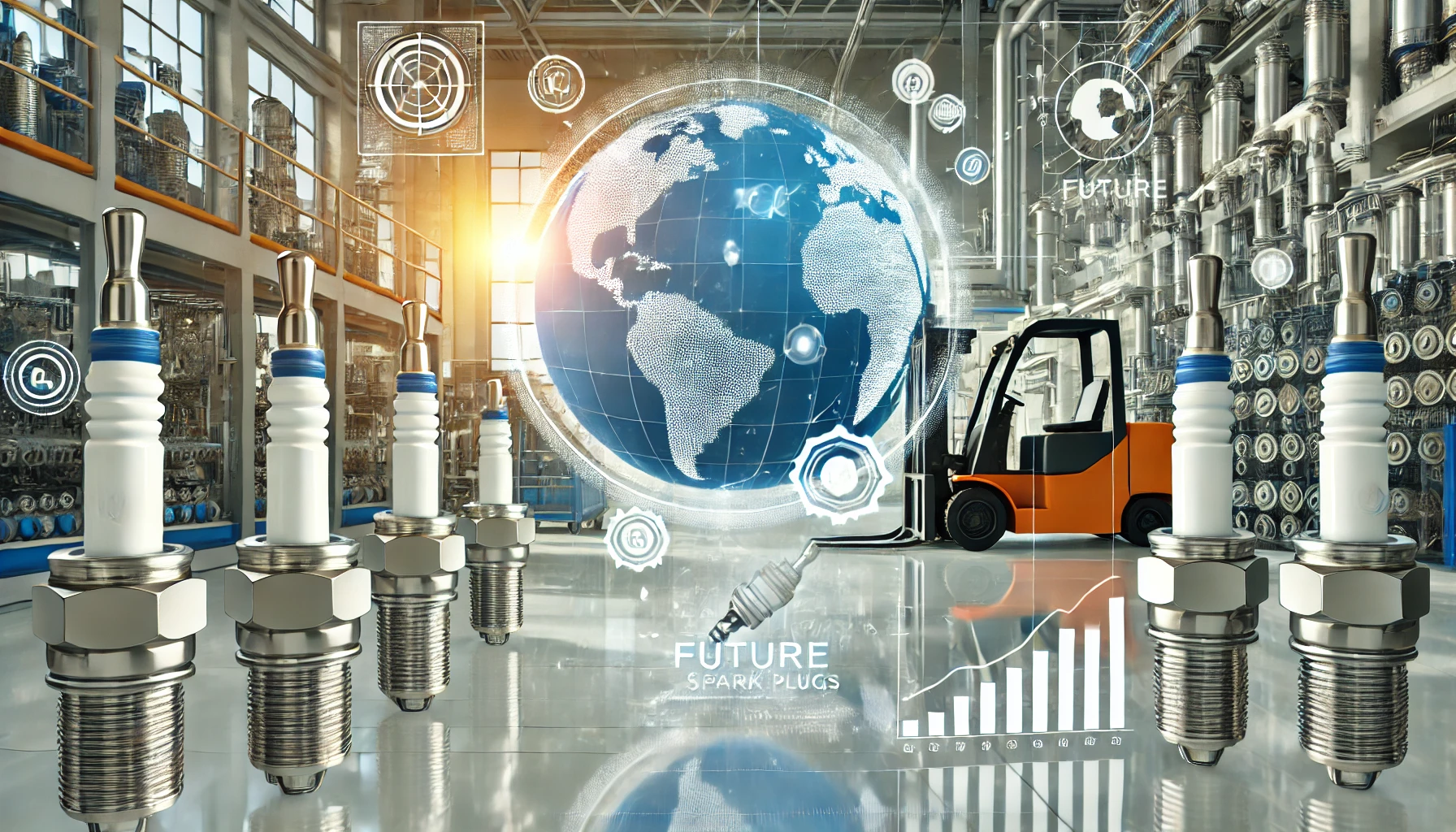 A modern industrial scene depicting the future of a company specializing in the production of spark plugs and ceramics products. There are visual elements suggesting technological advancement, sustainability, and global growth. Clean, sleek machines and a bright, dynamic environment show optimism and potential for future growth.