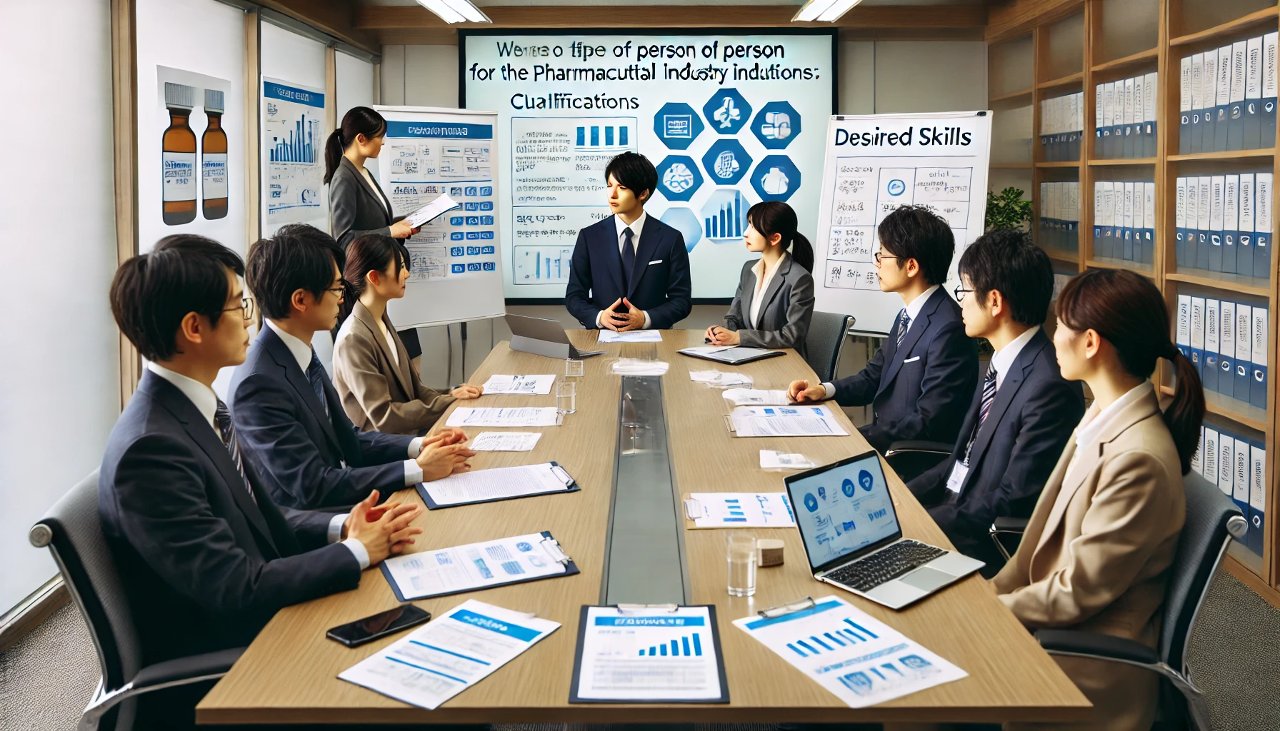 A pharmaceutical company office where Japanese professionals are discussing the qualifications and characteristics needed for new hires. They are sitting around a modern meeting table, with papers, resumes, and laptops. The atmosphere is professional, focusing on the type of person suited for the pharmaceutical industry's challenges and innovations. The setting includes charts and notes about desired skills on whiteboards.