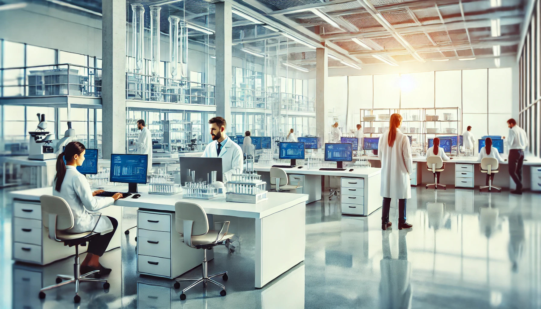 A modern pharmaceutical company office with a clean, professional environment. Scientists and professionals are seen working on computers and laboratory equipment, symbolizing their support in drug development for large pharmaceutical companies. Bright, open spaces and high-tech lab instruments are present in the background.