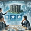 A modern urban scene depicting a real estate company specializing in land utilization, showcasing a team of Japanese professionals discussing plans for constructing rental apartments and mansions. The background features architectural blueprints and a digital display of a city skyline with rental properties.