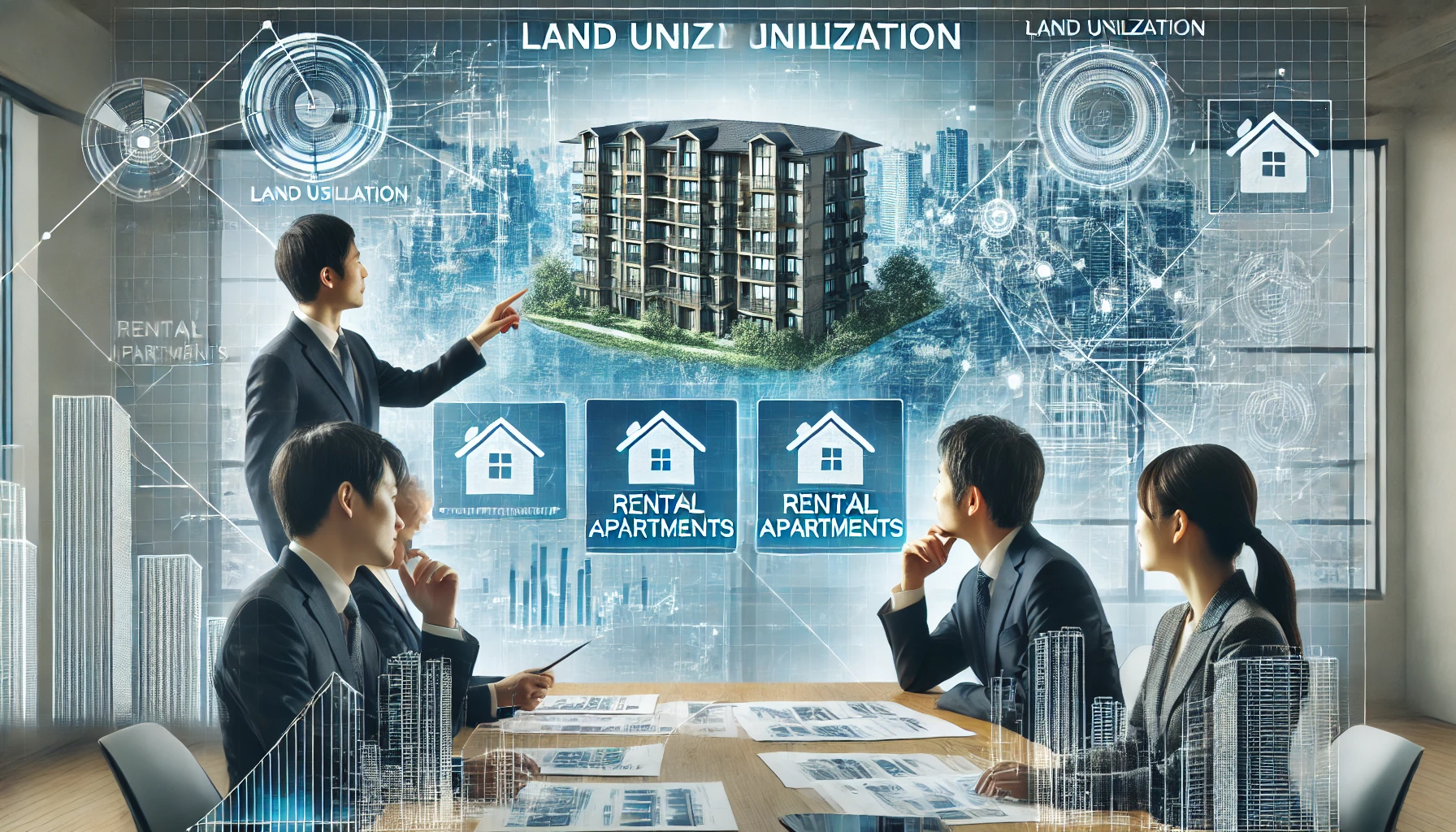 A modern urban scene depicting a real estate company specializing in land utilization, showcasing a team of Japanese professionals discussing plans for constructing rental apartments and mansions. The background features architectural blueprints and a digital display of a city skyline with rental properties.