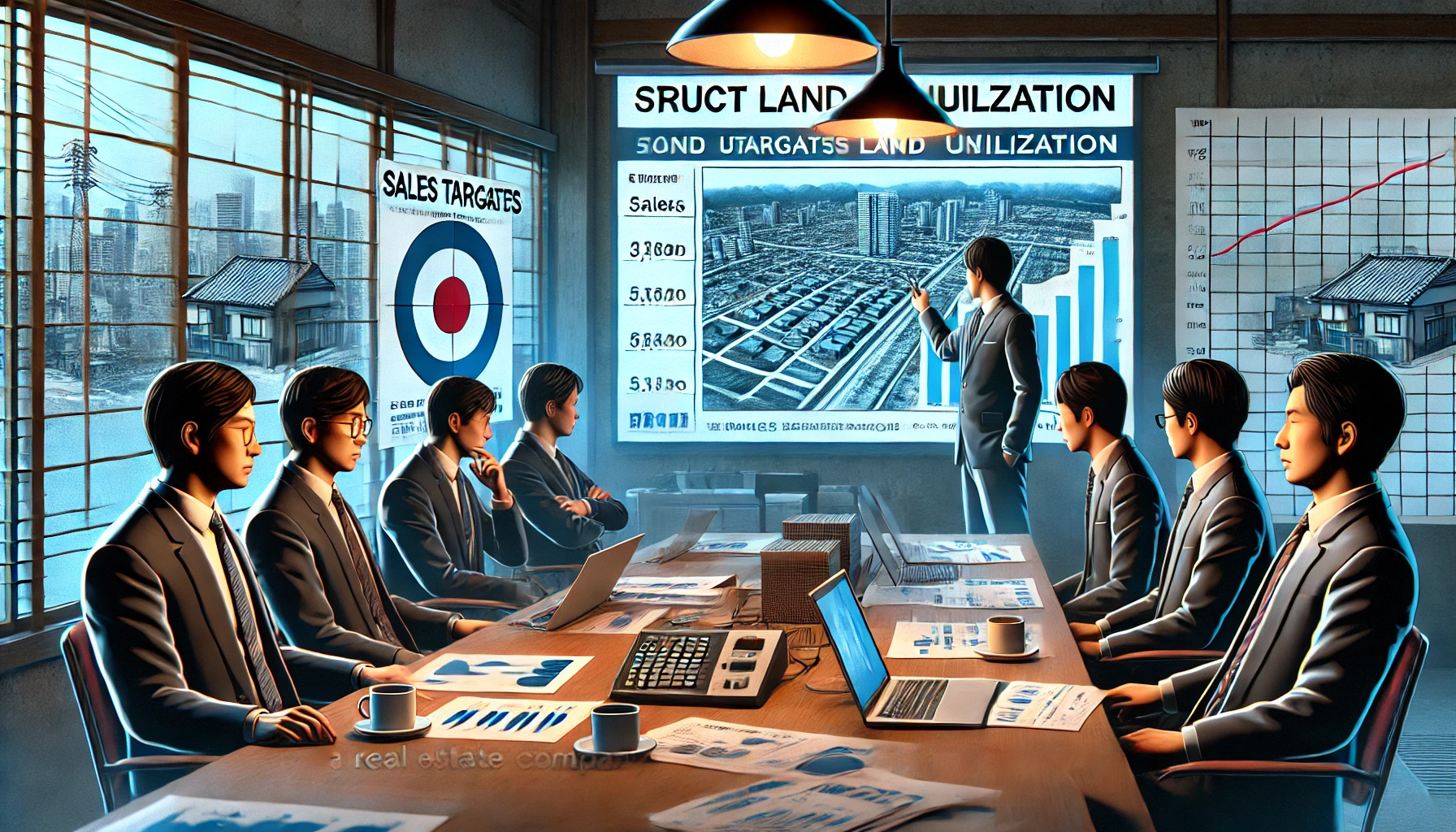 An intense office environment illustrating the challenges of a real estate company focused on land utilization, featuring a group of Japanese professionals under pressure as they review strict sales targets and performance metrics. The scene includes a whiteboard with targets and graphs, and the atmosphere is tense yet determined.