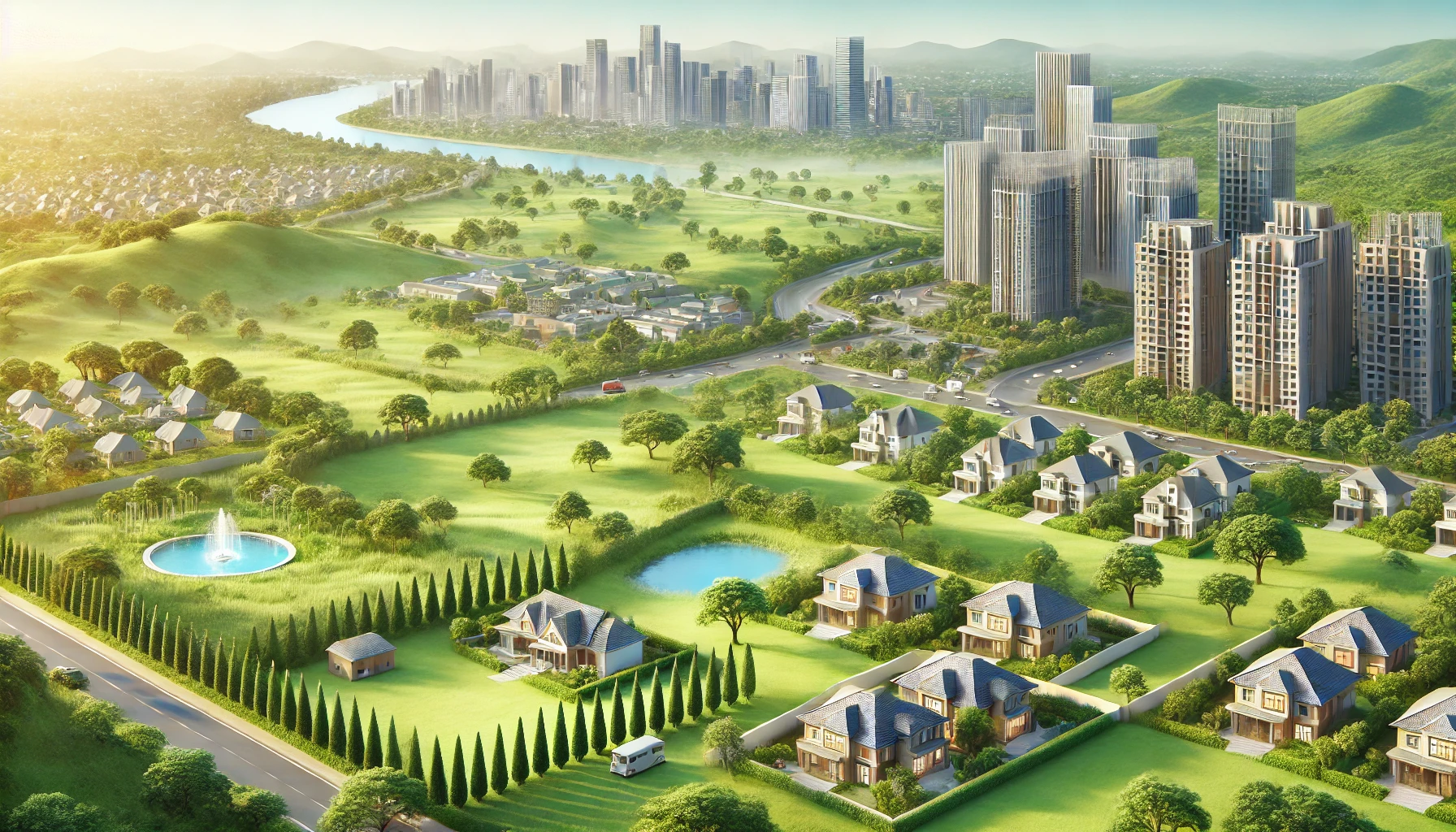 A serene landscape showcasing land utilization options, featuring various types of rental properties like mansions and apartments being constructed in a well-planned urban environment. The scene should include greenery and open spaces, illustrating a harmonious balance between nature and urban development.