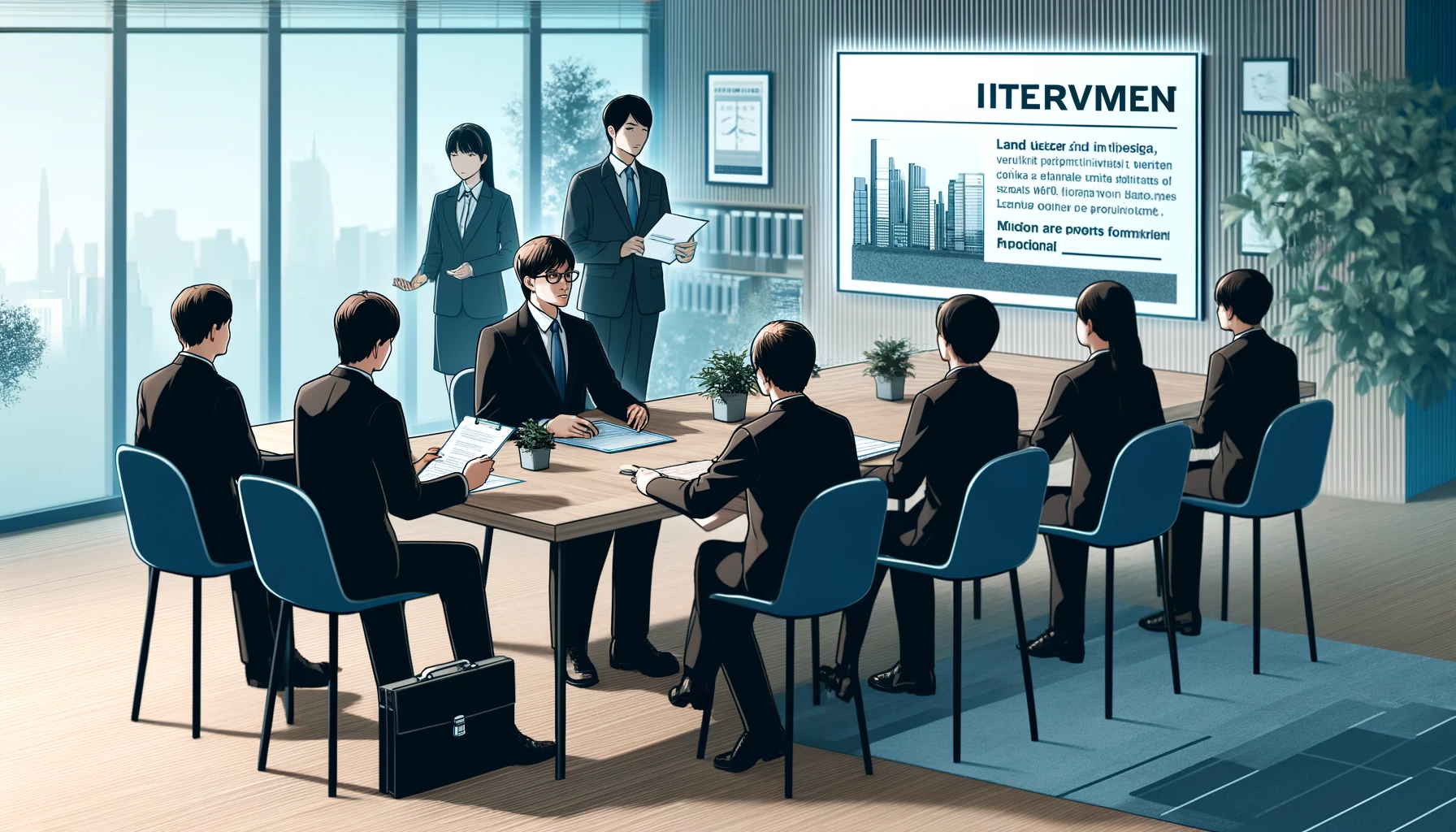 A professional recruitment scene depicting a group of Japanese candidates at an interview for a real estate company specializing in land utilization. The setting includes interviewers discussing the potential of the candidates while reviewing their resumes, with a backdrop of a modern office environment and motivational posters.