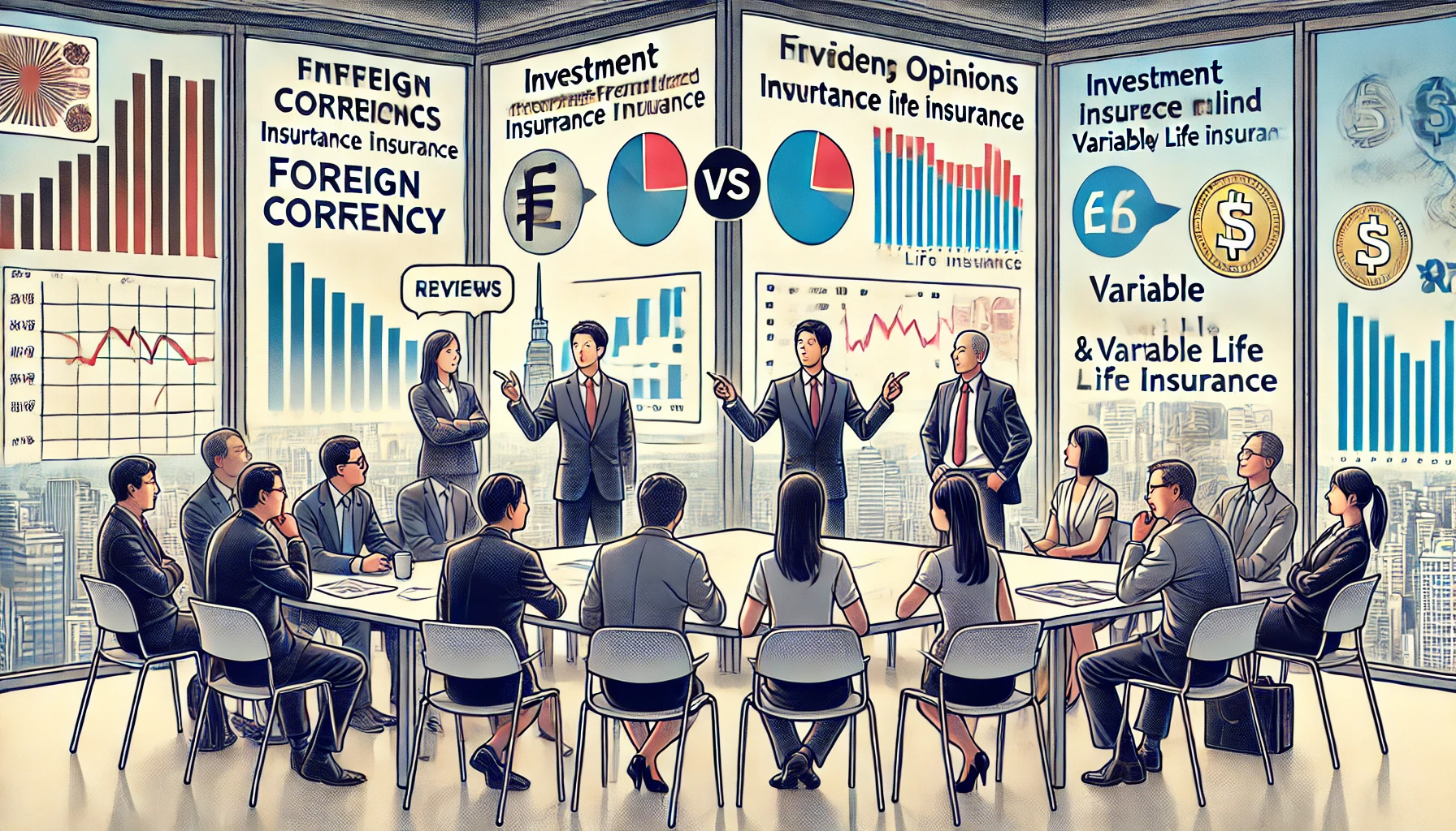 An illustration of a financial company specializing in investment-focused insurance products like foreign currency and variable life insurance. The scene should convey contrasting opinions and reviews, suggesting a divided reputation among clients and industry experts. The setting should be a modern office with Japanese professionals discussing investment portfolios, with a visible whiteboard or financial charts in the background. The overall tone is professional but highlights a sense of division in opinions, reflecting the mixed reviews of the company.