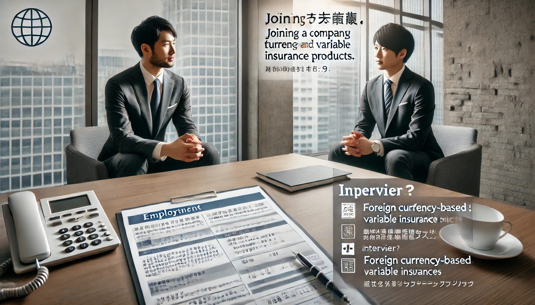 A modern corporate office setting where Japanese professionals are discussing potential employment opportunities. The scene highlights aspects of joining a company that focuses on foreign currency-based and variable insurance products, with documents and interview setup visible. The tone is neutral and inviting, showcasing a professional yet approachable atmosphere. The image should be horizontal (16:9).