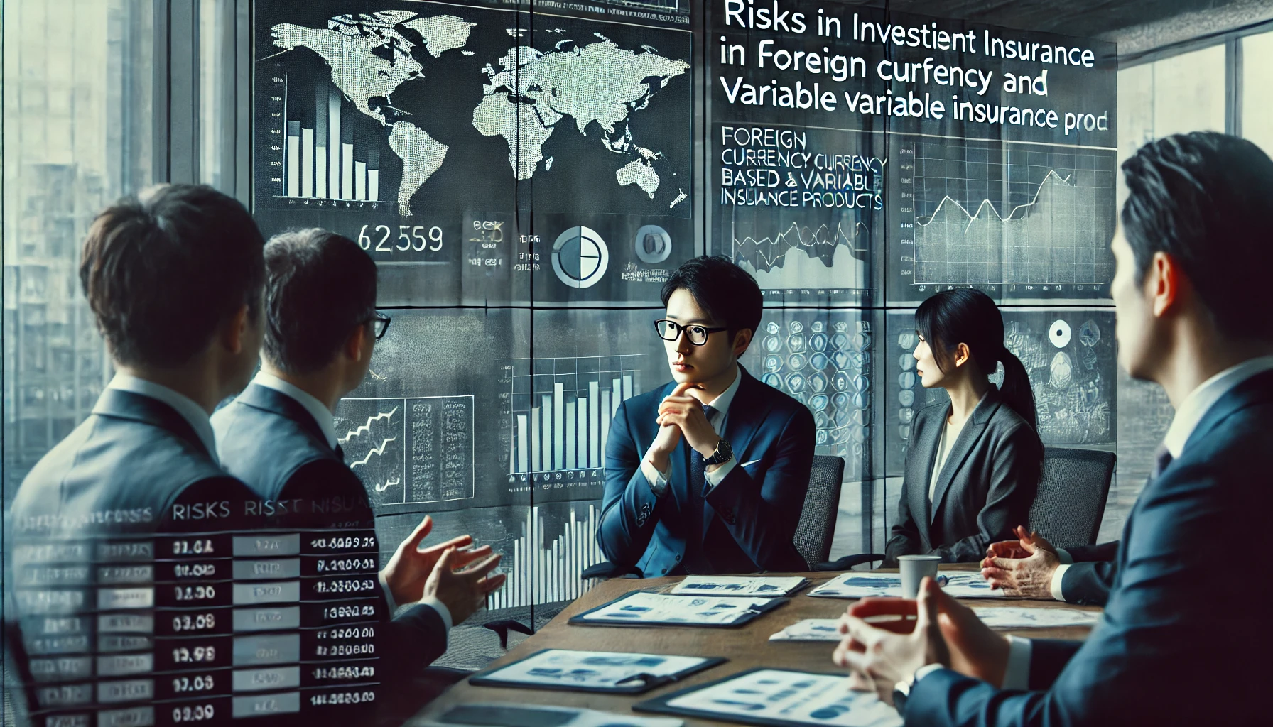 A professional setting focused on discussing risks in investment insurance, particularly foreign currency-based and variable insurance products. The scene shows Japanese professionals analyzing potential financial risks with a formal business background, featuring documents and screens displaying data. The tone is serious and cautious, representing the financial uncertainty involved. The image should be horizontal (16:9) with an emphasis on risk management.