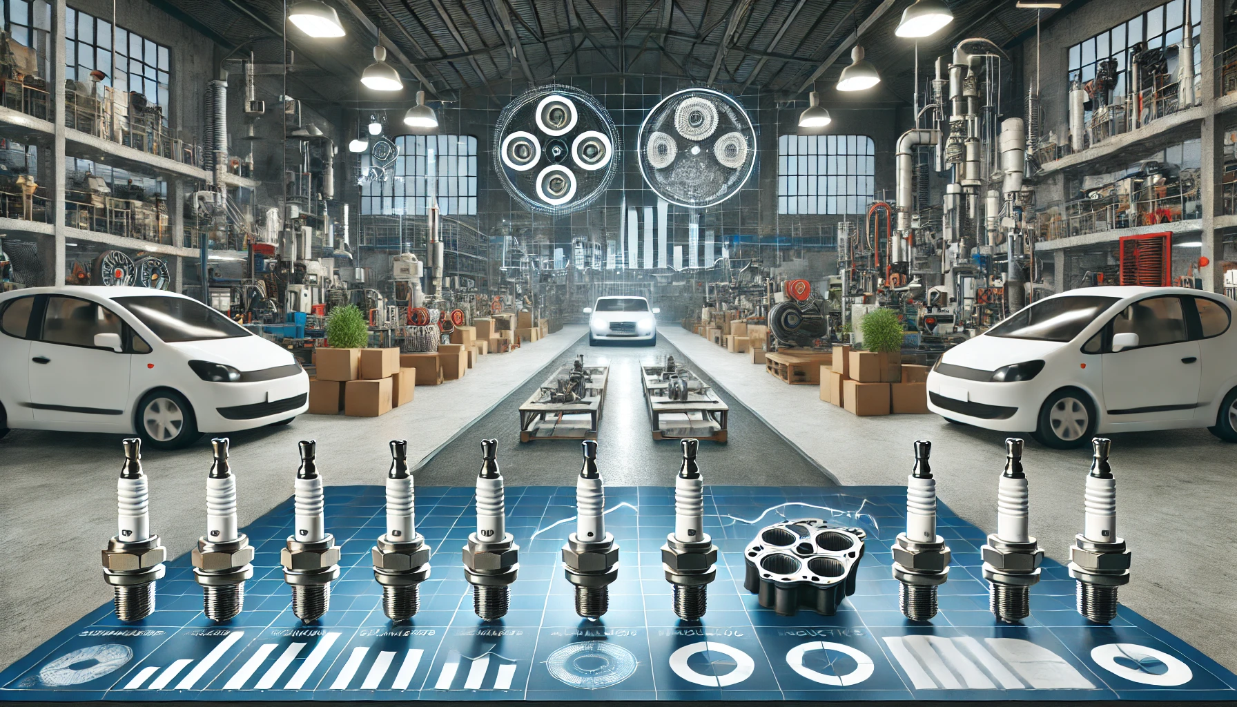 A balanced scene inside a modern industrial factory focusing on the production of spark plugs and ceramics products. The scene emphasizes the company's strengths, like advanced technology and high-quality production, and its weaknesses, such as reliance on traditional products. Visual elements include machines and products on one side, and challenges or obstacles on the other, such as graphs with mixed trends.