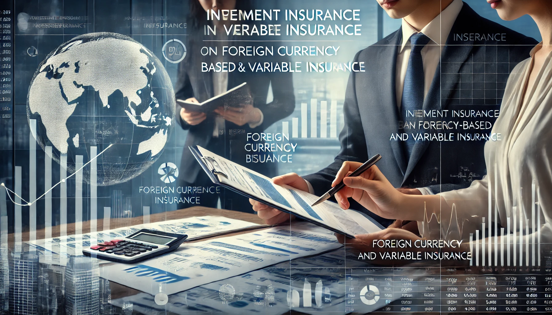 A business office setting featuring documents related to investment insurance with a focus on foreign currency-based and variable insurance. The atmosphere is modern and professional, highlighting the two-sided reputation of the company in the insurance market. Japanese professionals are reviewing the documents, with a background that emphasizes a financial and investment theme. The image should be horizontal (16:9) with a corporate feel.