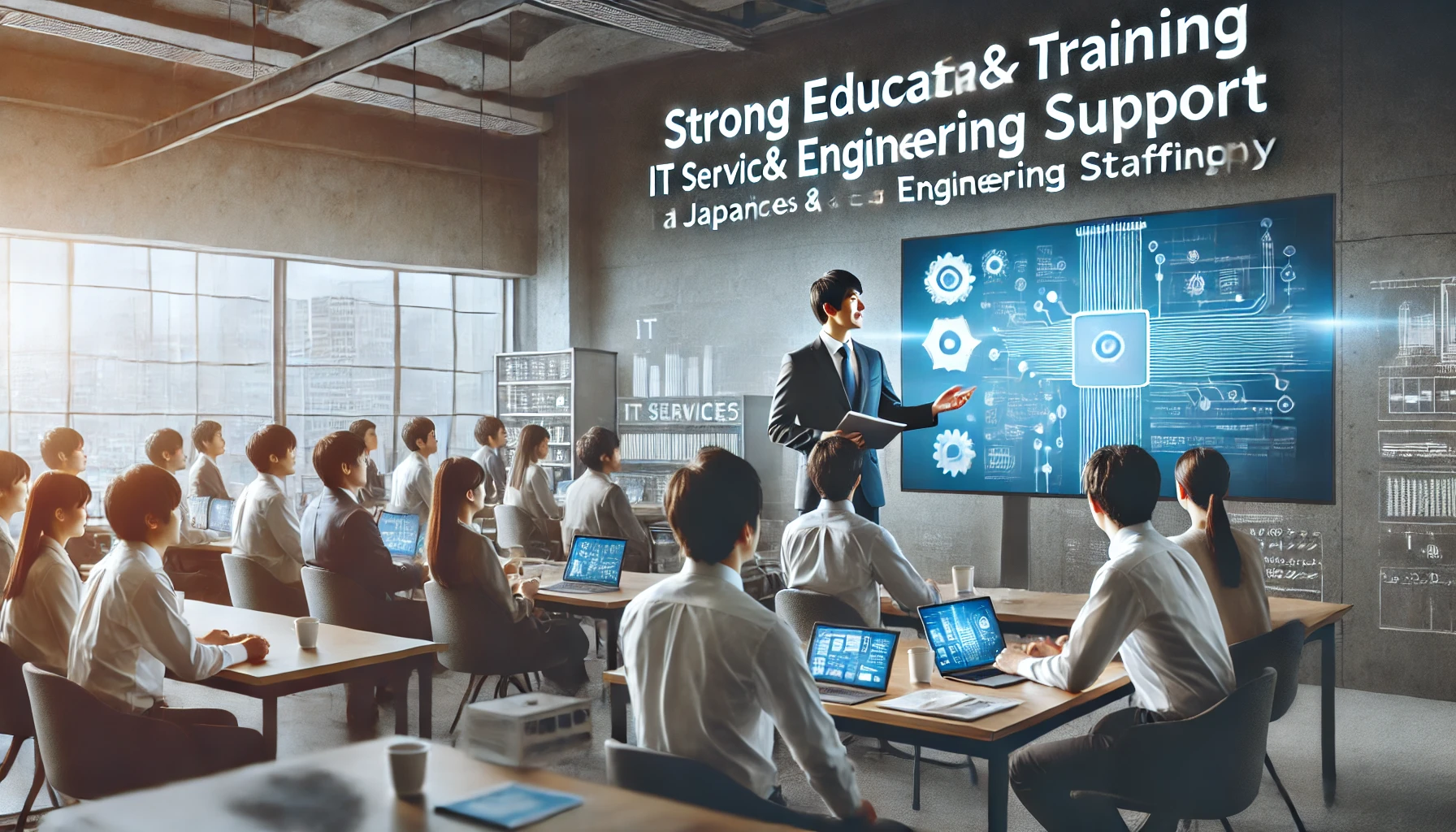 An image highlighting the strong educational and training support within a Japanese IT services and engineering staffing company. The scene should depict a modern training room with Japanese professionals engaging in a technical workshop or seminar. The atmosphere should be bright and encouraging, featuring screens, projectors, and learning materials that emphasize professional development. The focus should be on knowledge-sharing and education, with a professional and positive ambiance. The image should have a 16:9 aspect ratio.