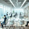 A clean and professional image showcasing a Japanese office environment representing an IT services company that is often described as 'white' or employee-friendly. The workspace should look well-organized with a bright atmosphere, large windows, and comfortable seating, conveying the idea of a 'white company' with good working conditions. If any people are present, they should be Japanese professionals appearing satisfied and focused, contributing to a positive and transparent work culture. The image should be in 16:9 format.