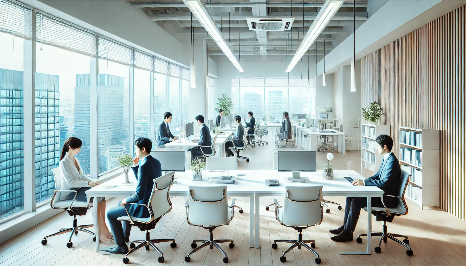 A clean and professional image showcasing a Japanese office environment representing an IT services company that is often described as 'white' or employee-friendly. The workspace should look well-organized with a bright atmosphere, large windows, and comfortable seating, conveying the idea of a 'white company' with good working conditions. If any people are present, they should be Japanese professionals appearing satisfied and focused, contributing to a positive and transparent work culture. The image should be in 16:9 format.