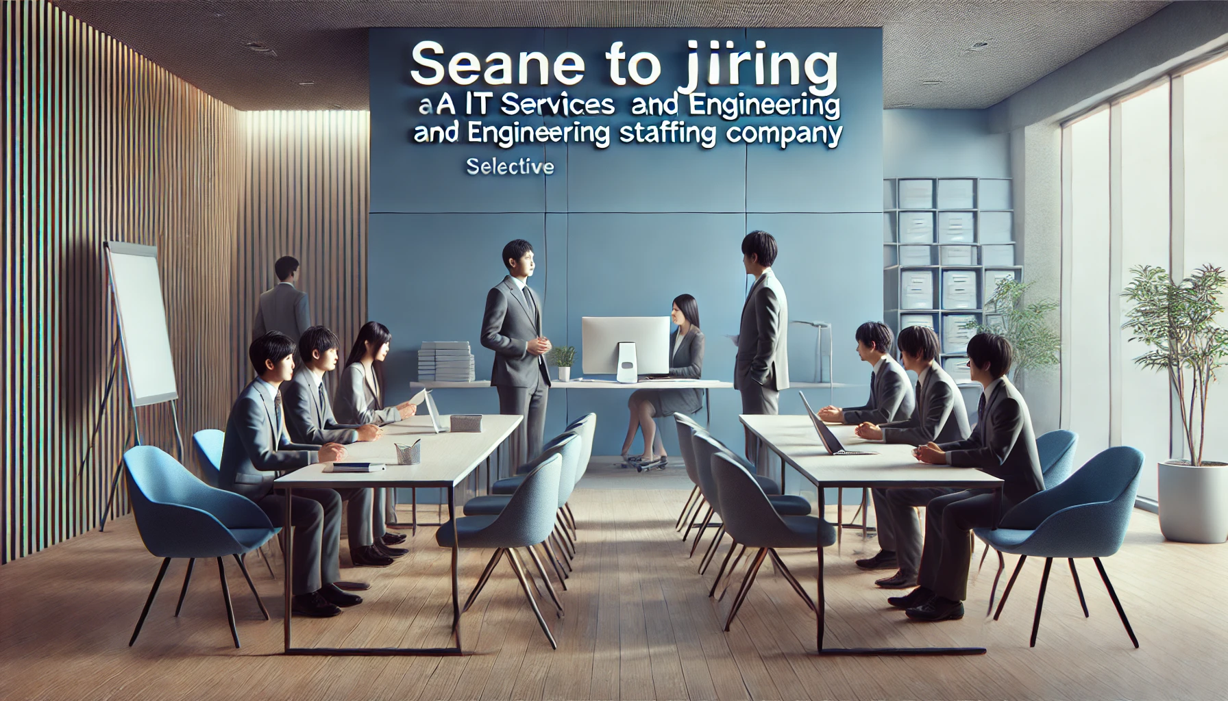 An image illustrating the difficulty of joining a Japanese IT services and engineering staffing company. The image should show a modern office setting with subtle barriers like desks or partitions, reflecting the selective hiring process. It should use professional colors like blues and greys, with a clean and organized atmosphere. If people are present, they should be Japanese professionals engaging in discussions or interviews, emphasizing the challenge of gaining entry into such companies. The image should maintain a professional and inviting tone, using a 16:9 aspect ratio.