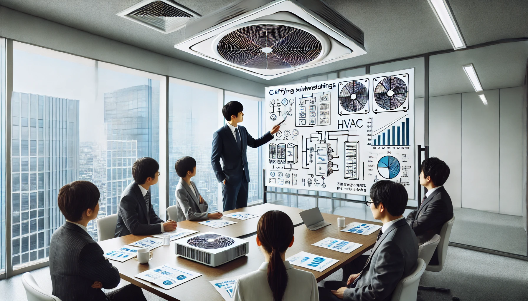 A professional meeting room where employees are addressing concerns about the design and maintenance of HVAC systems and building facilities. One of the employees is explaining and correcting misconceptions about the industry, using a whiteboard with charts and diagrams. The scene represents clarifying misunderstandings in a clean, organized corporate environment. The employees are Japanese, focused on problem-solving in a modern office setting, with natural light streaming through large windows.