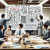 A group of Japanese professionals working in an HVAC systems company, brainstorming and collaborating. They are discussing and sketching ideas on a large whiteboard, representing the qualities and traits required in the company. The atmosphere is collaborative and creative, with a focus on problem-solving and innovation. The background includes office desks, computers, and documents, symbolizing a corporate but innovative environment.