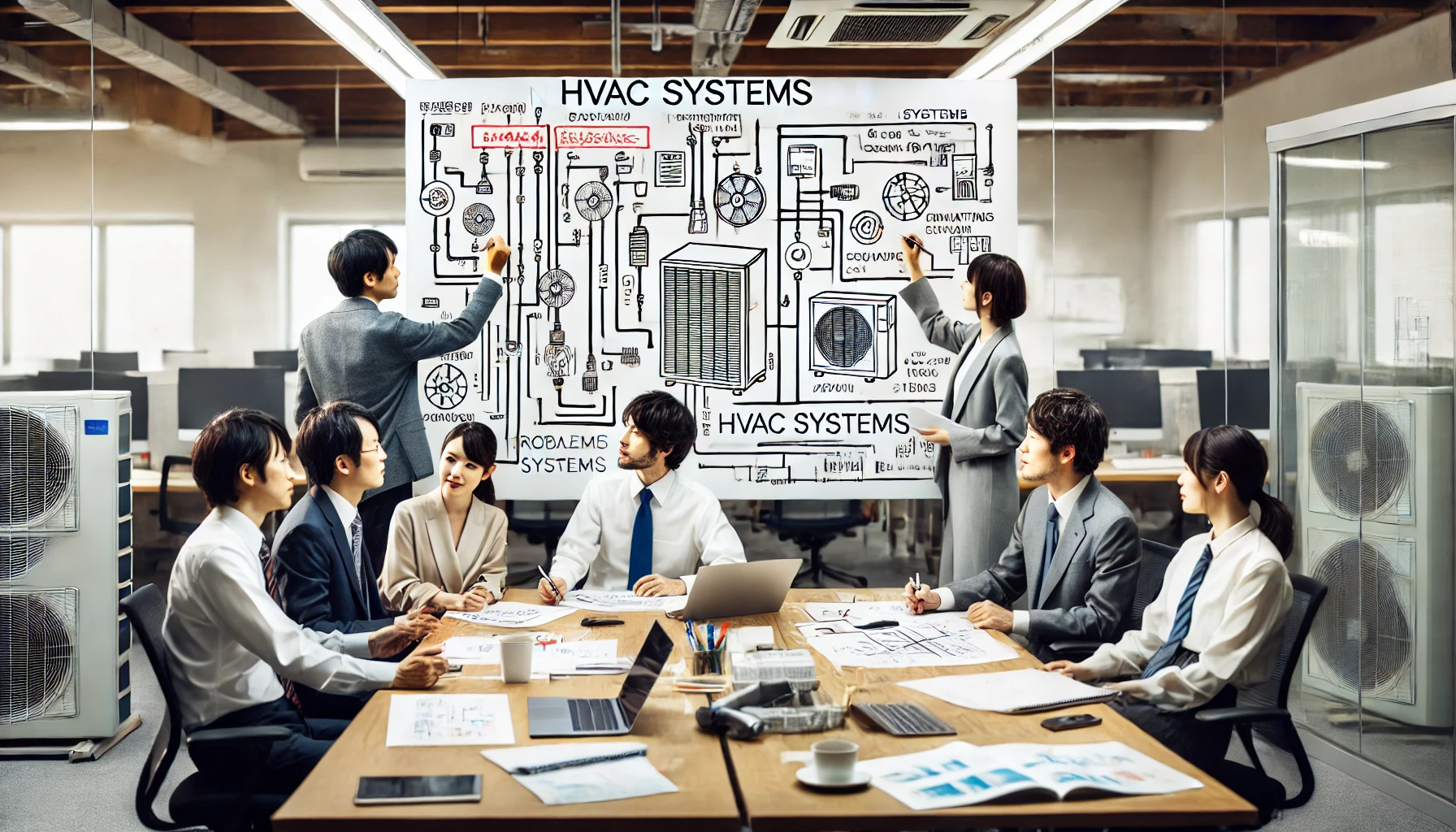 A group of Japanese professionals working in an HVAC systems company, brainstorming and collaborating. They are discussing and sketching ideas on a large whiteboard, representing the qualities and traits required in the company. The atmosphere is collaborative and creative, with a focus on problem-solving and innovation. The background includes office desks, computers, and documents, symbolizing a corporate but innovative environment.