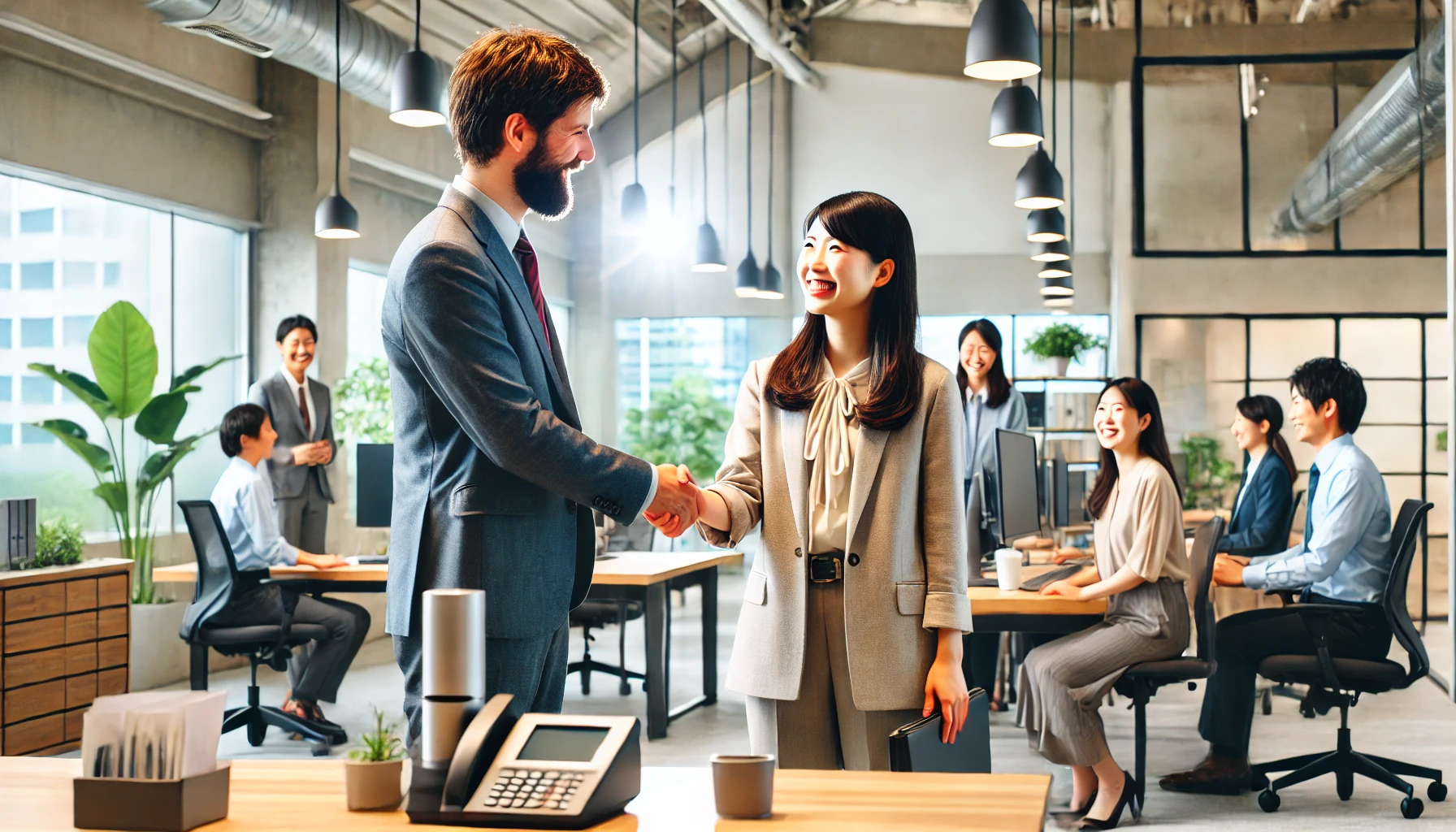 A cheerful Japanese employee shaking hands with a manager in a modern corporate office, symbolizing a successful and happy career transition to a company specializing in HVAC systems and building management. The environment is professional and welcoming, with smiling coworkers and bright lighting, representing a positive and fulfilling job transfer. Office desks, computers, and plants can be seen in the background.