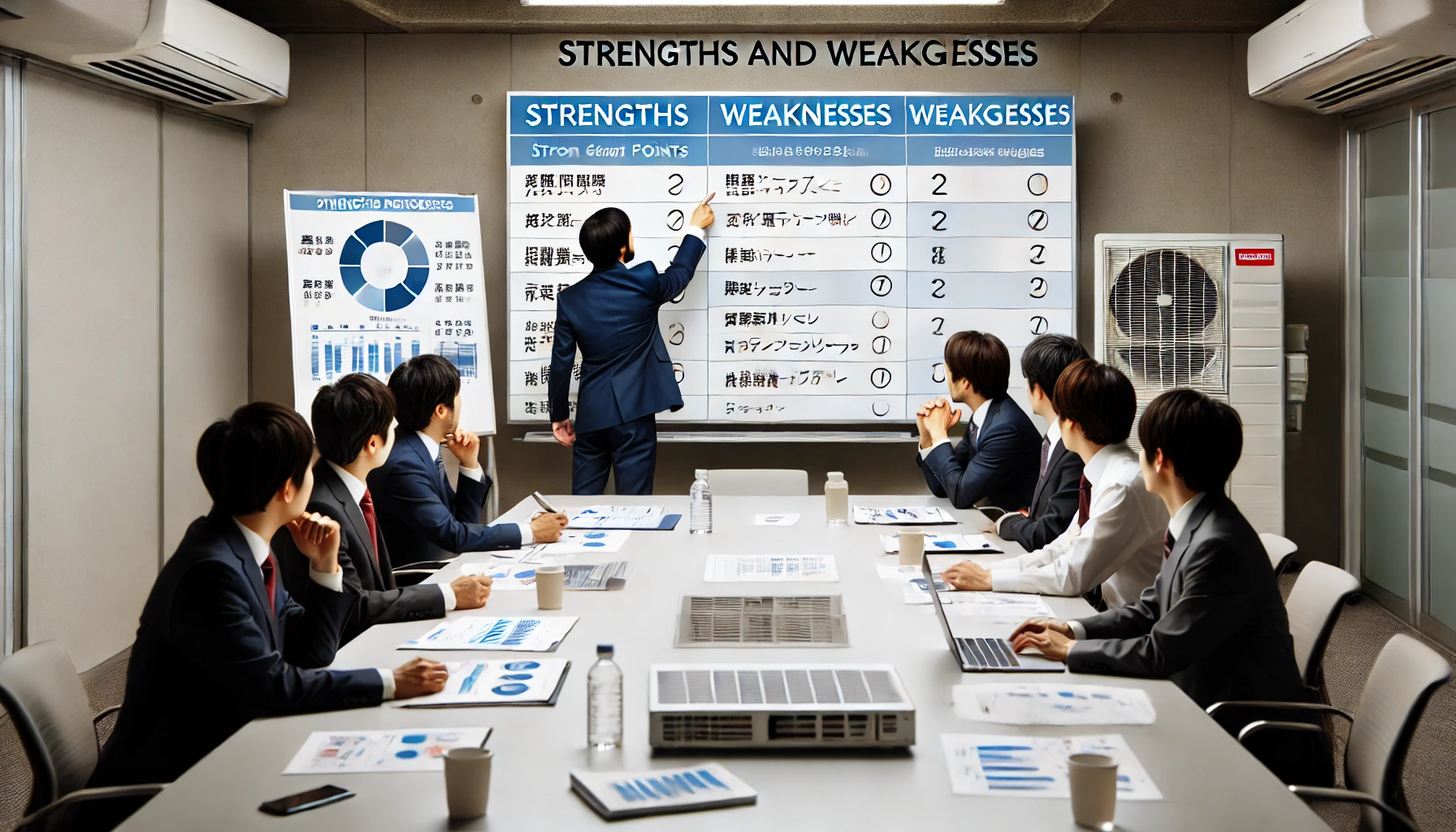 A corporate meeting room where Japanese professionals are discussing the strengths and weaknesses of a company specializing in HVAC systems and building management. One employee is pointing at a whiteboard with a list divided into strengths and weaknesses. The atmosphere is analytical and focused, with charts and documents on the table, representing the company's strong points like technical expertise, and challenges such as labor issues.