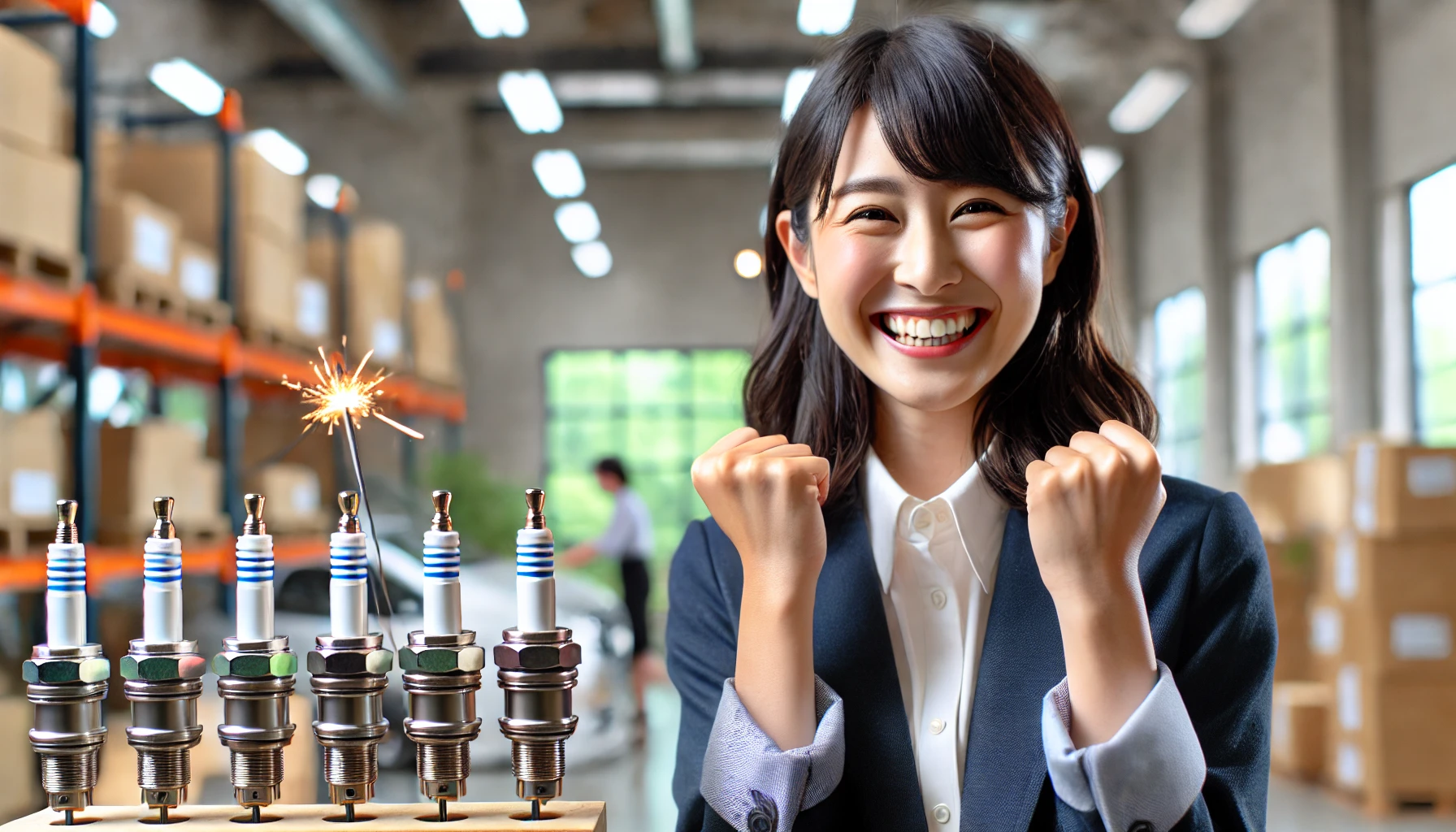 A joyful scene of a Japanese professional feeling happy and successful after securing a new job at a company specializing in spark plugs and ceramics products. The setting is a bright, modern office with hints of industrial design. The person is smiling and looking confident, with a positive atmosphere surrounding the workplace.