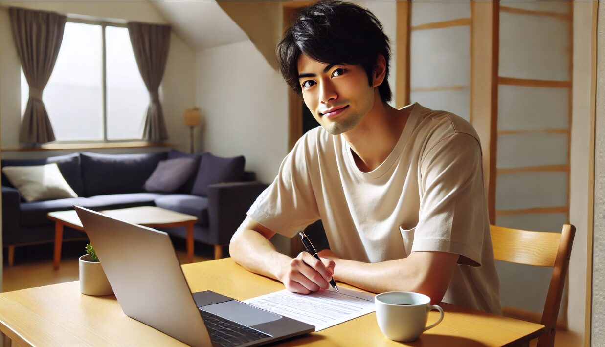 日本人の若い男性が、小さなアパートの机で求人応募用紙を記入している様子。希望に満ちた表情で、就職への意欲を感じさせる。