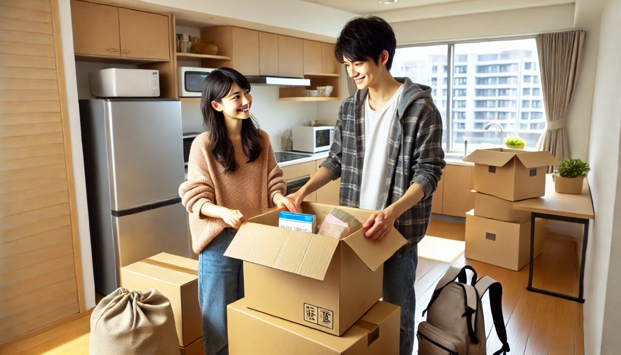 日本人の若いカップルが、家電付きの新しい社宅で引っ越し作業をしている様子。段ボールを開けながら笑顔で新生活を始める。