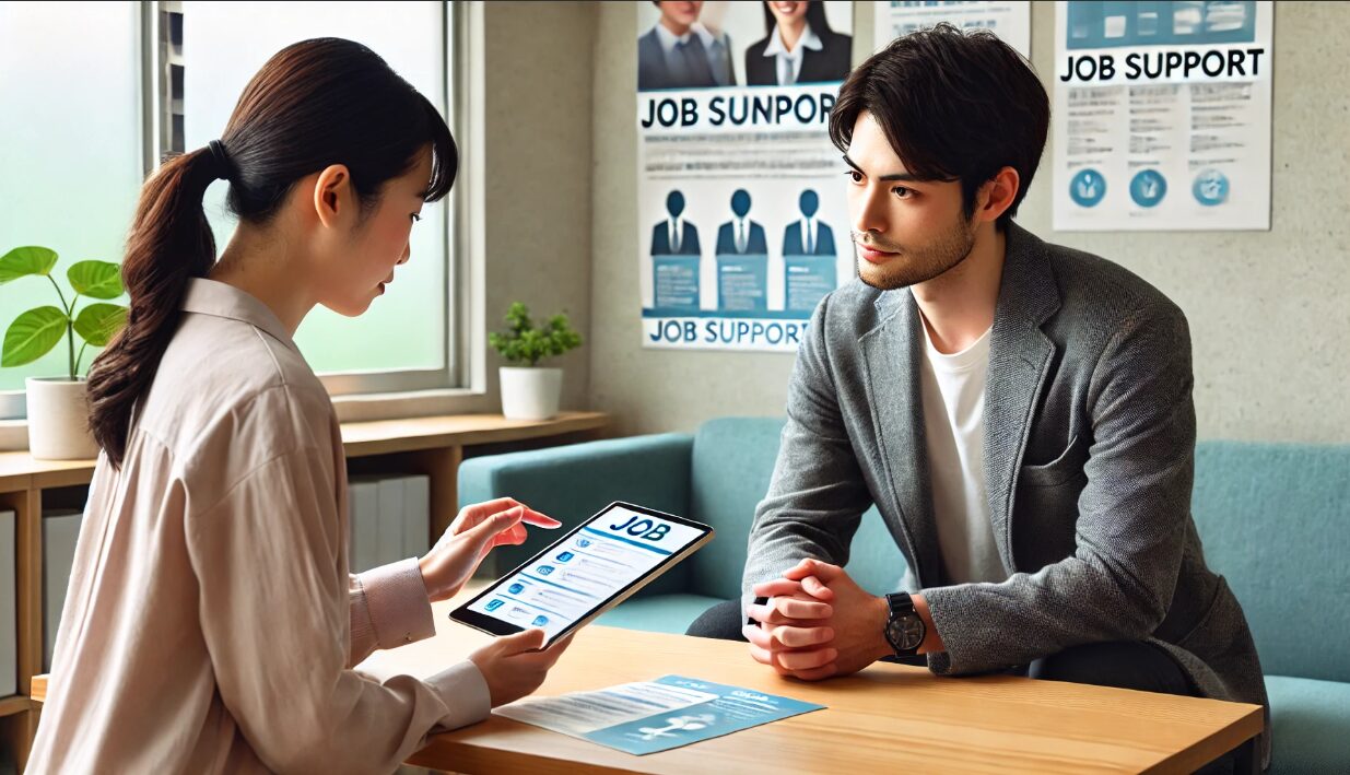 キャリア相談室で、日本人の若い男性がアドバイザーと落ち着いた雰囲気で面談している様子。タブレットで求人情報を共有している場面。