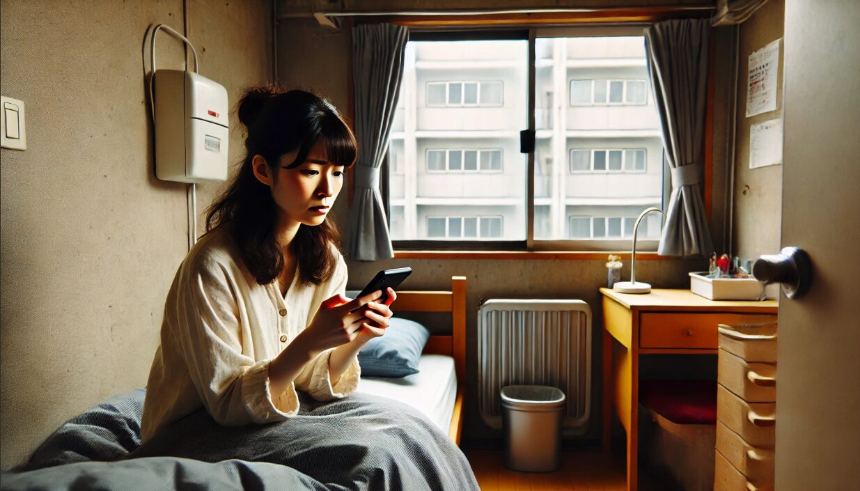 小さな寮の部屋でスマホを見て落胆する日本人女性。古びた家具や無機質な雰囲気が、想定外の配属先を暗示する。